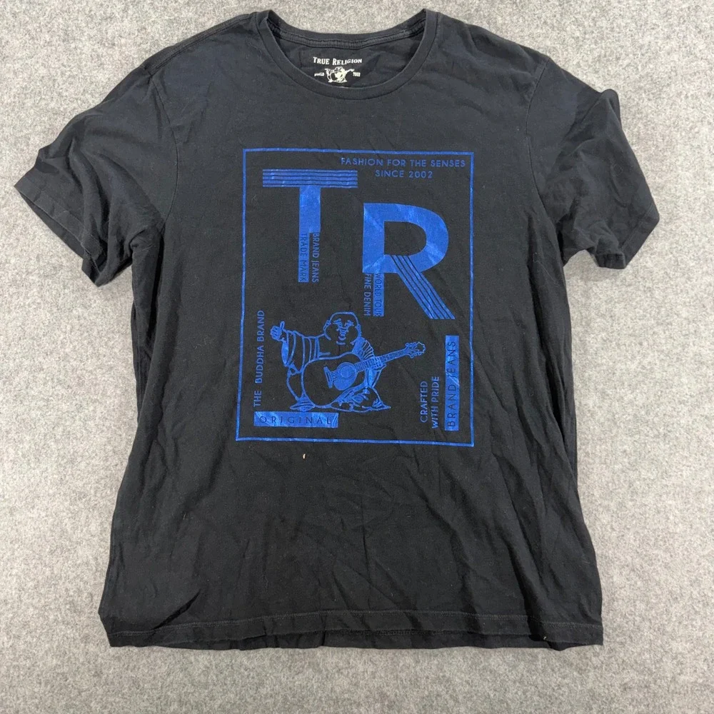 True Religion Mens Black Blue Buddha Graphic Logo T-Shirt XL World Tour Tee